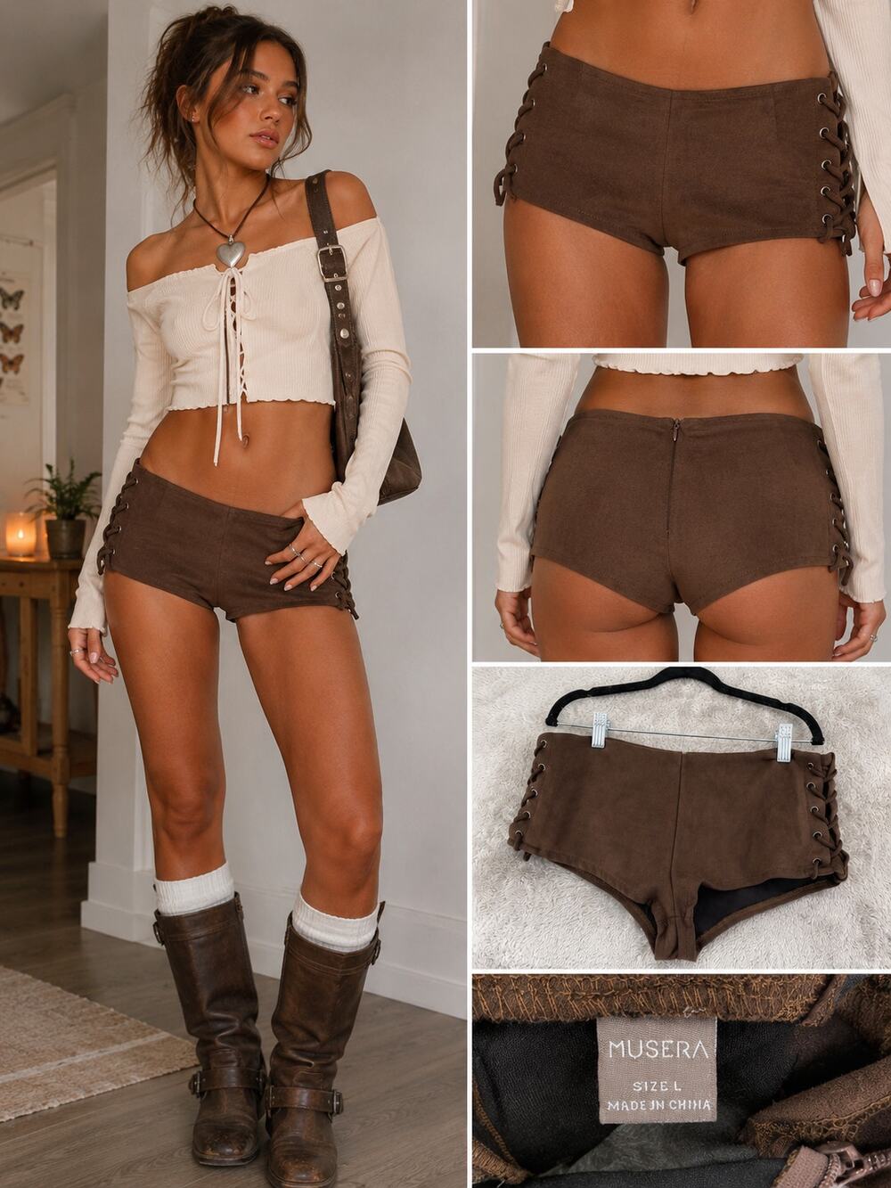 Musera Brown Faux Suede Lace Up Micro Shorts Size L Y2K Festival Boho